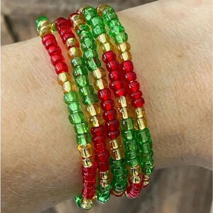 Red Green Gold Christmas Holiday Handmade Large Seed Bead Bracelet Necklace